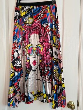 Pop Art Pleated Midi Skirt — Pink Multi